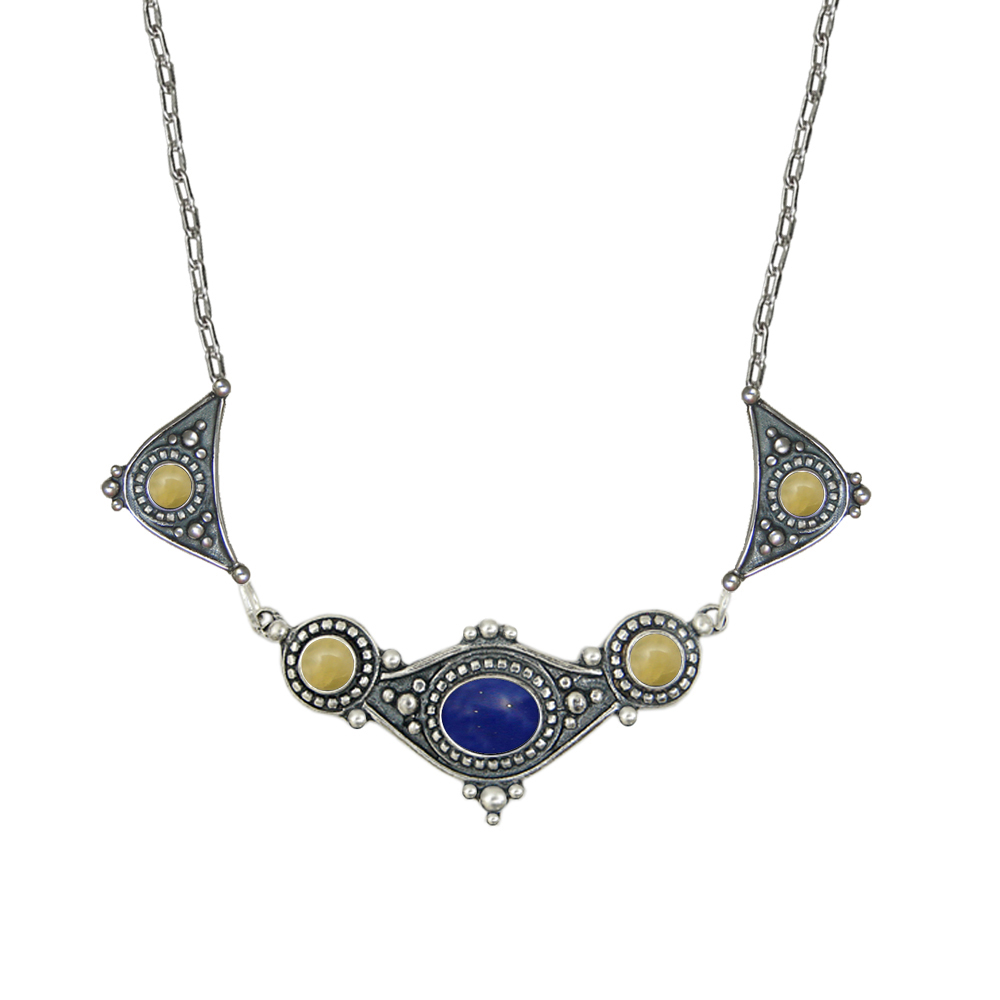 Sterling Silver Romantic Necklace With Lapis Lazuli And Yellow Aragonite